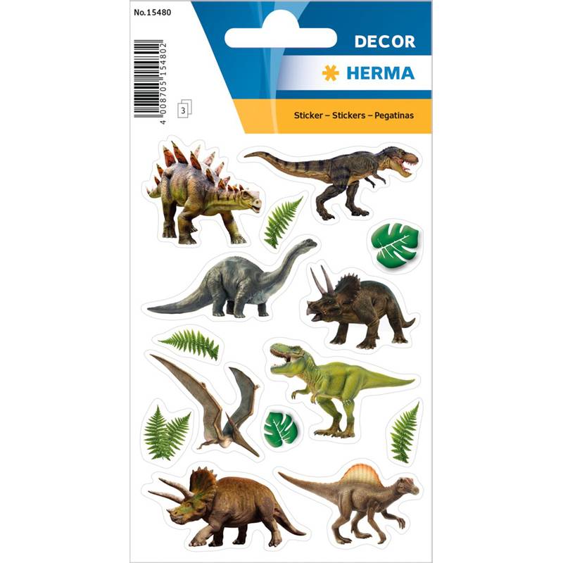 Ein Blatt Dinosaurier-Sticker mit verschiedenen Arten, darunter ein Stegosaurus, ein T-Rex, ein Triceratops und ein Pterodaktylus, verziert mit Blattakzenten.