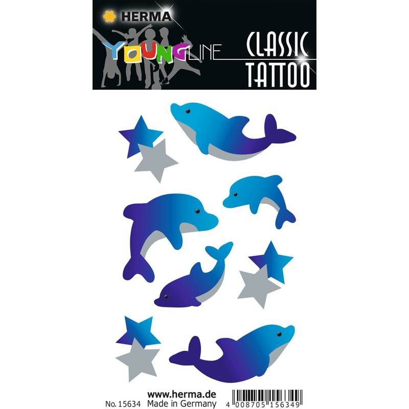 Delfin-Motiv-Temporärtattoos in Blautönen mit Sternenakzenten, gekennzeichnet als 
