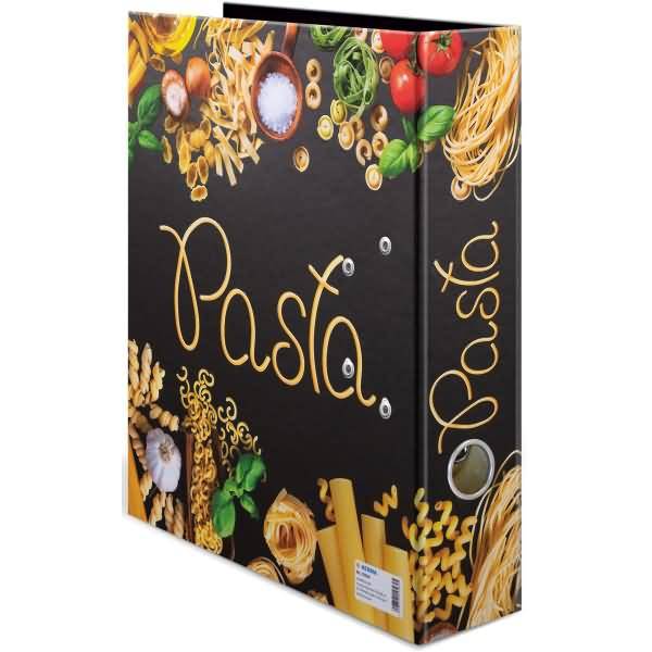 Schwarze Pasta-Geschenkbox mit goldenem "Pasta""-Schriftzug und Lebensmittelillustrationen von Nudeln, Tomaten, Kräutern, Knoblauch und Weizen.