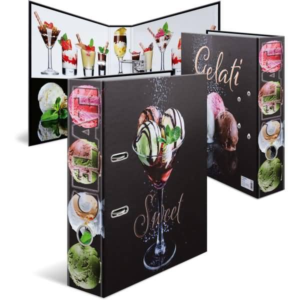 Schwarzer Ringordner für Gelato-Rezepte, geöffnet und geschlossen dargestellt, mit Dessertfotos und dem Wort „Gelati