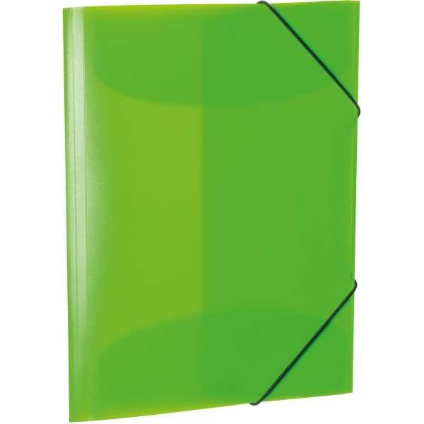 Grüne durchscheinende Dokumentenmappe mit schwarzem Gummiverschluss auf weißem Hintergrund.