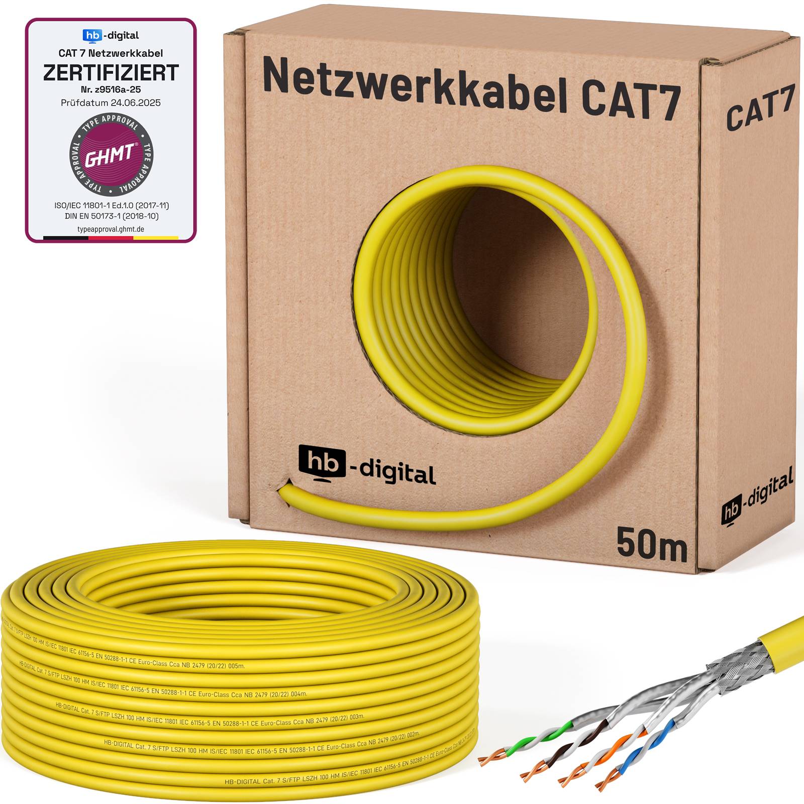 hb-digital CAT 7 Kabel 50m Ethernet Installationskabel max.1000 MHz S/FTP AWG23 LSZH gelb