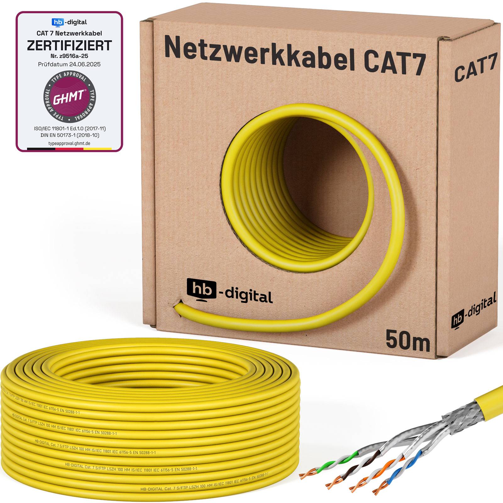 hb-digital CAT 7 Kabel 50m S FTP AWG23 LSZH 1000MHz gelb