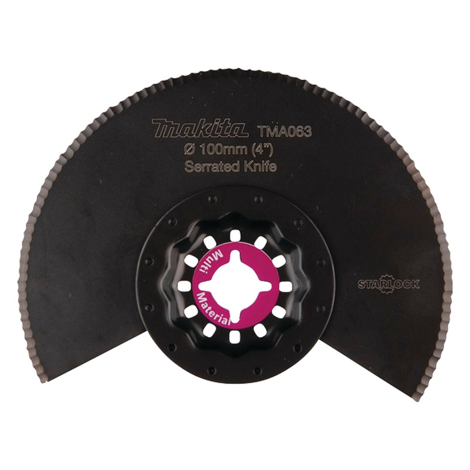 Ein Sägeblatt-Aufsatz mit Wellenschliff, gekennzeichnet als 'Makita TM A063', Durchmesser 100 mm (4 Zoll), entwickelt zum Schneiden von Materialien mit Starlock-Befestigungssystem.