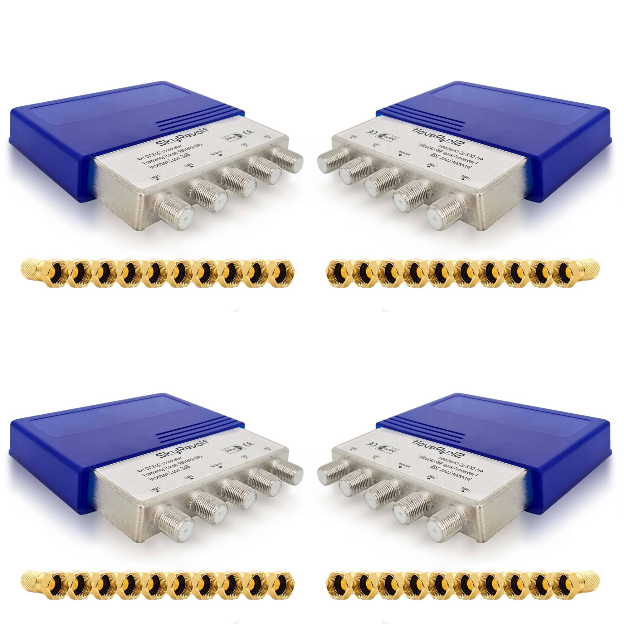 4x SkyRevolt DiSEqC Schalter 4/1 SAT Umschalter mit Wetterschutzgehäuse Switch für bis zu 4 LNB 40x F-Stecker