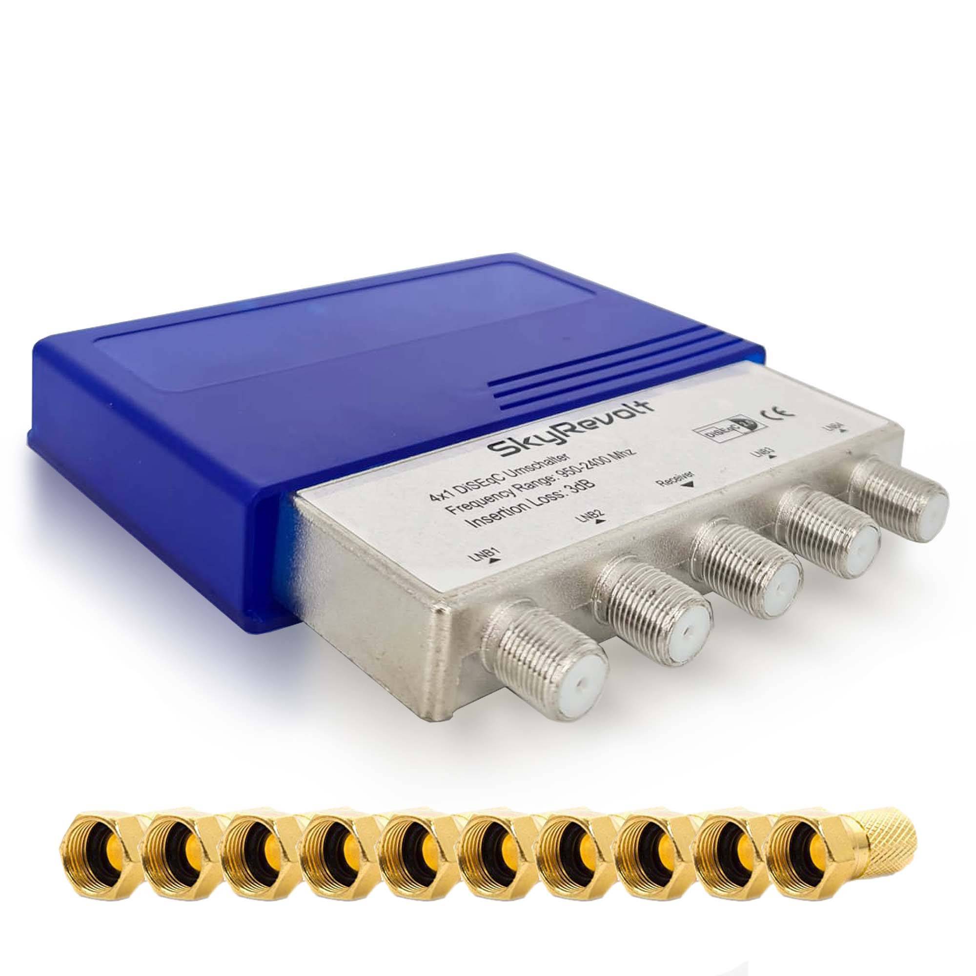 SkyRevolt DiSEqC Schalter 4/1 SAT Umschalter mit Wetterschutzgehäuse Satellitenweiche SAT TV Switch Verteiler Splitter Satelliten-Zubehör 10x F-Stec