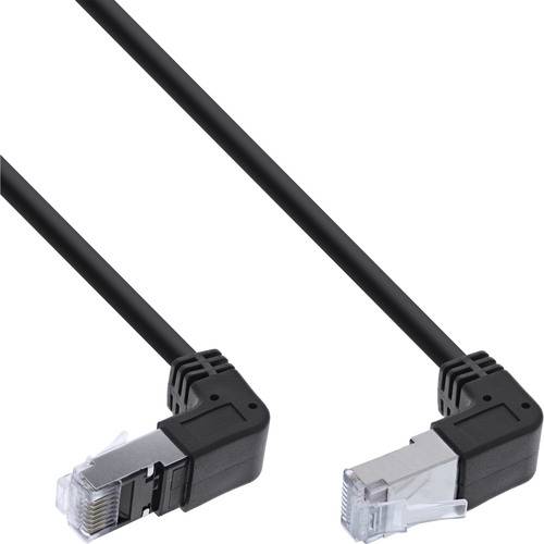 Zwei abgewinkelte Ethernet-Kabel mit Steckverbindern, die in entgegengesetzte Richtungen zeigen. Die Kabel sind schwarz und verfügen über Winkelstecker.
