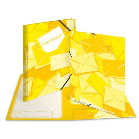 HERMA 7196, Gummizugmappe, A4, gelb, Karton, mit 3 Einschlagklappen, Postmappe PP bedruckt