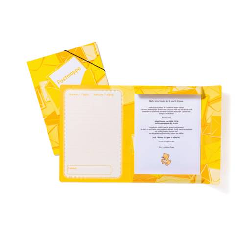 HERMA 7196, Gummizugmappe, A4, gelb, Karton, mit 3 Einschlagklappen, Postmappe PP bedruckt