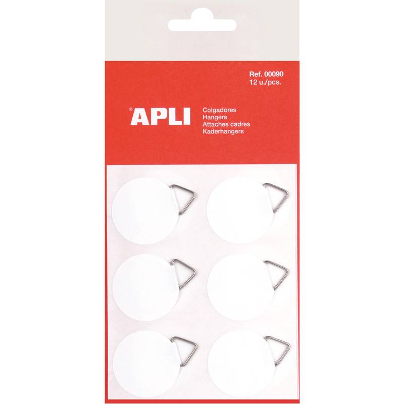 Packung der Marke 'APLI' mit 12 Rahmenaufhängern mit D-Ring-Befestigungen, die vor einem rot-weißen Etiketthintergrund präsentiert wird.