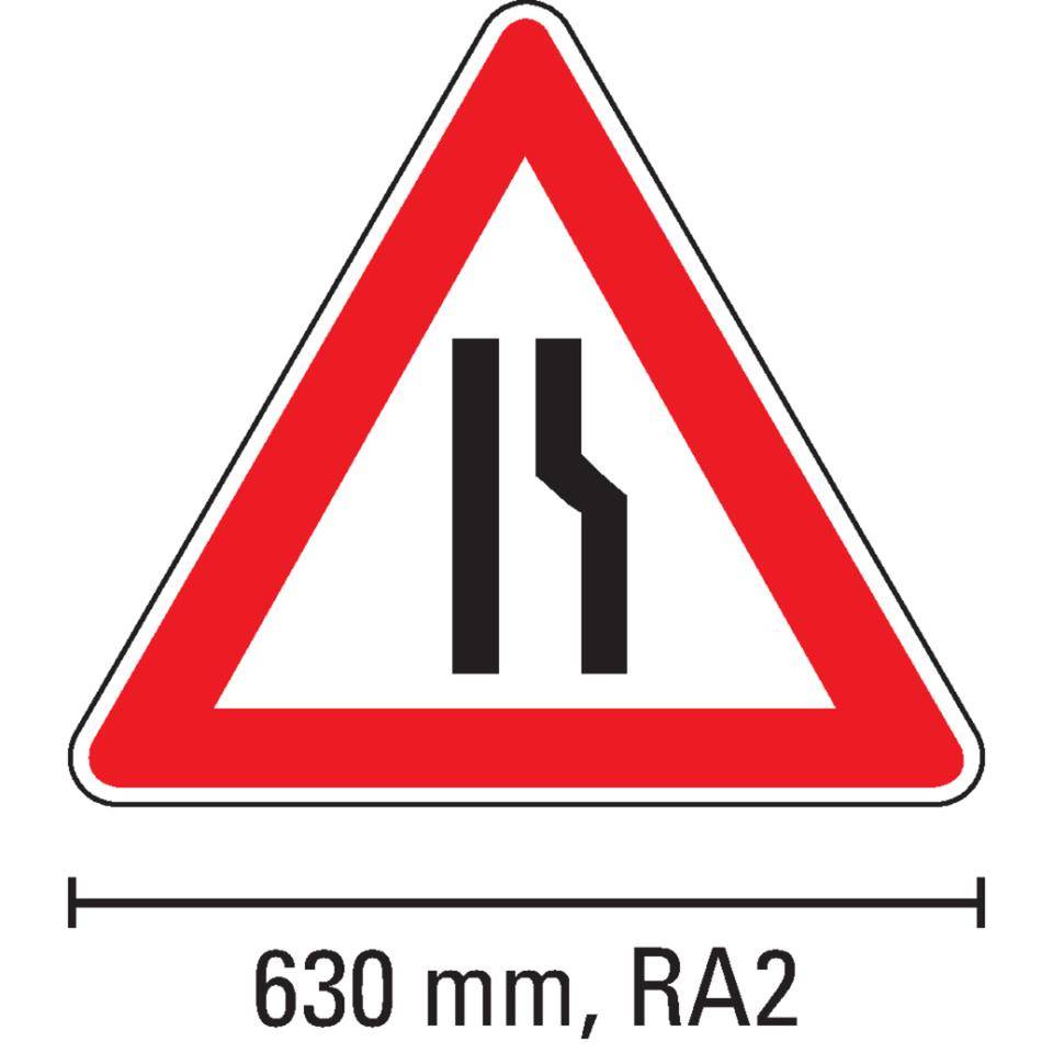 Verkehrszeichen Verengte Fahrbahn, rechts, Nr.121-10, Aluminium RA2, reflektierend, SL 630mm