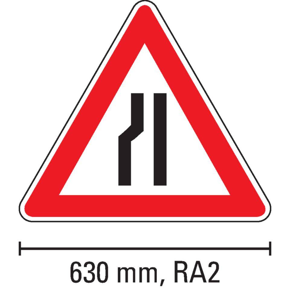 Verkehrszeichen Verengte Fahrbahn links, Nr.121-20,Aluminium RA2, reflektierend, SL 630mm