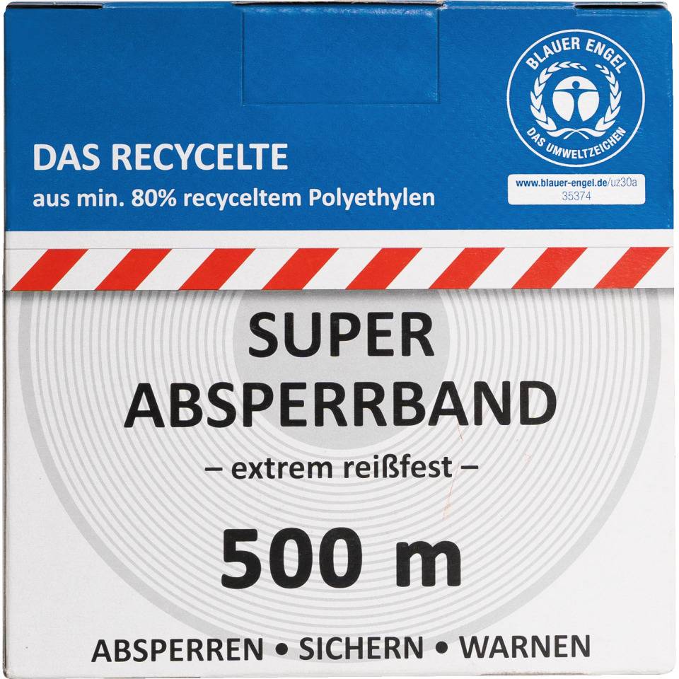 Recycling Absperrband Super, rot/weiß geblockt, Polyethylen, 80mm, 500m/Rolle