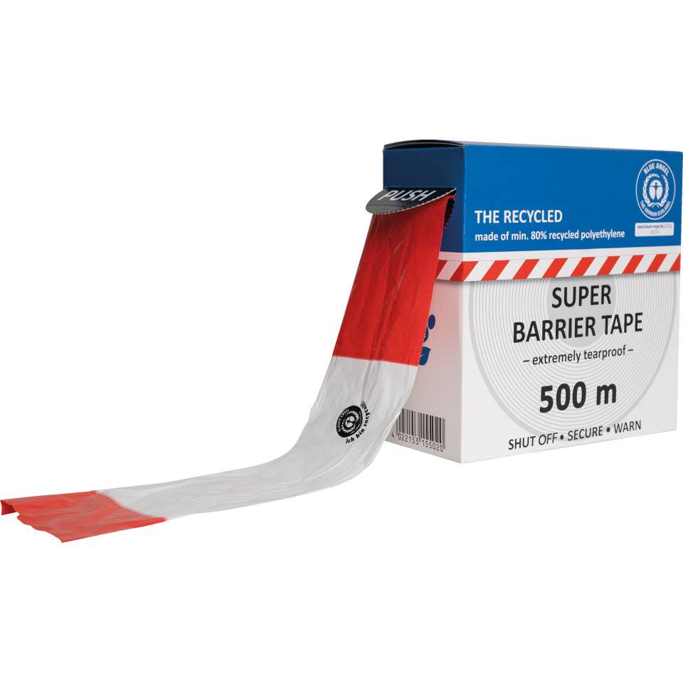 Recycling Absperrband Super, rot/weiß geblockt, Polyethylen, 80mm, 500m/Rolle