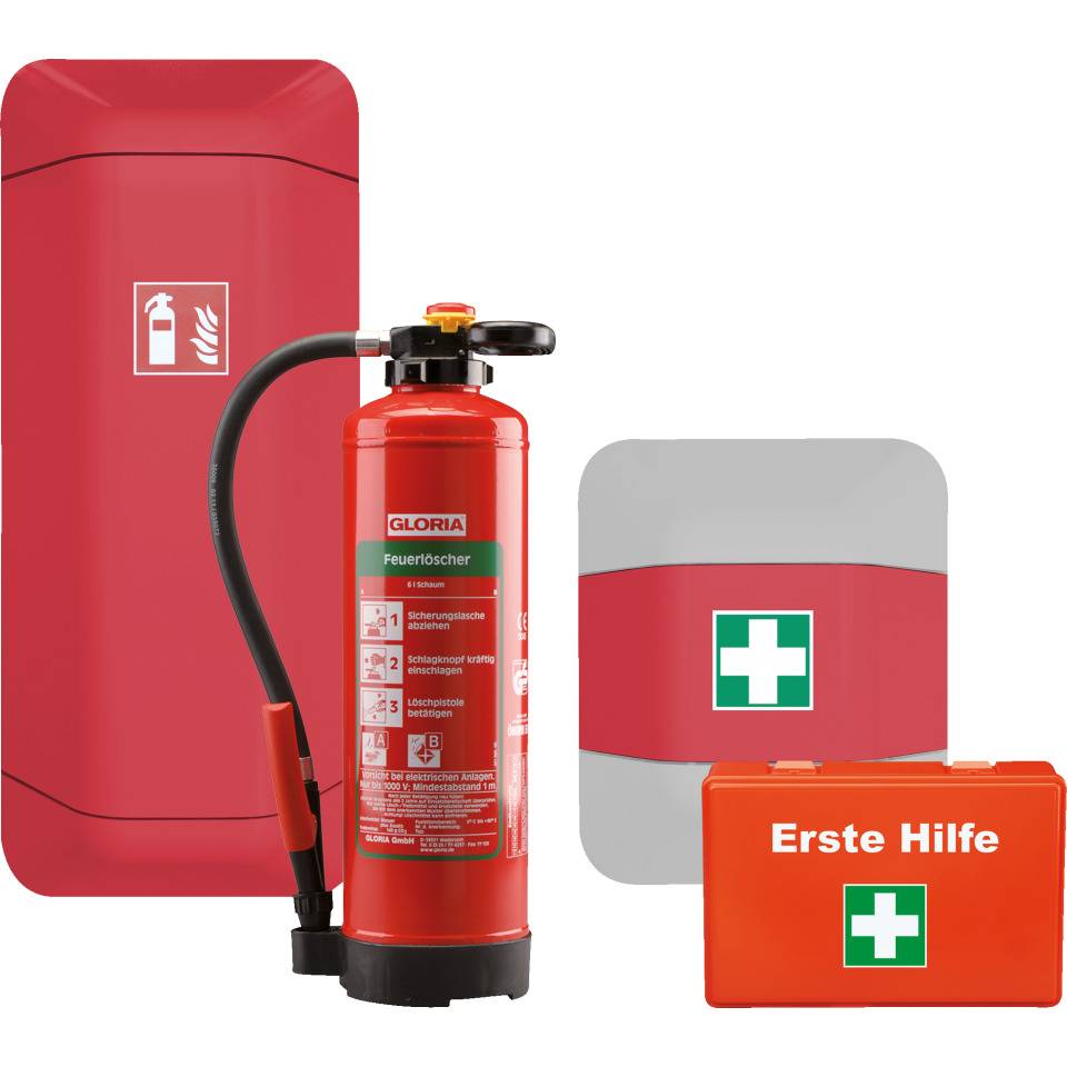 Vorteils-Set Schaumlöscher u. Erste-Hilfe Kasten, mit je 1 Aufbewahrungsschrank, rot