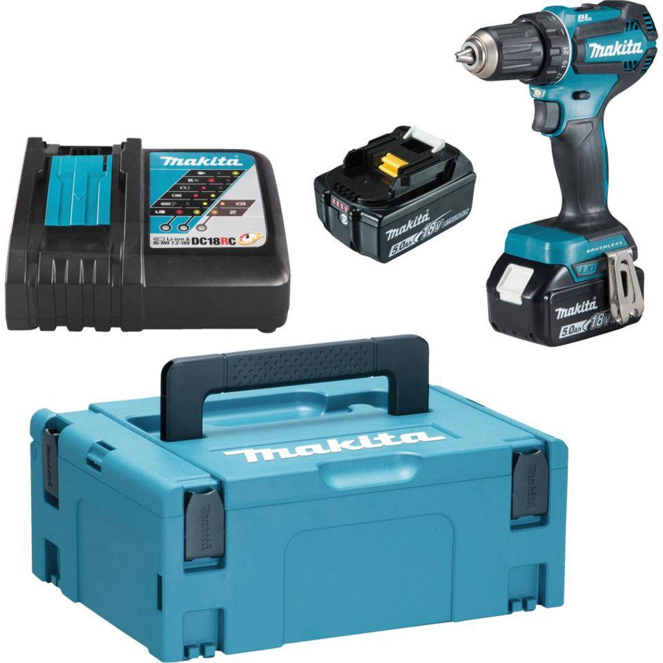 Makita Akku-Bohrschrauber DDF485RTJ, 18V, mit Ladegerät DC18RC, 2 Akkus BL1850B