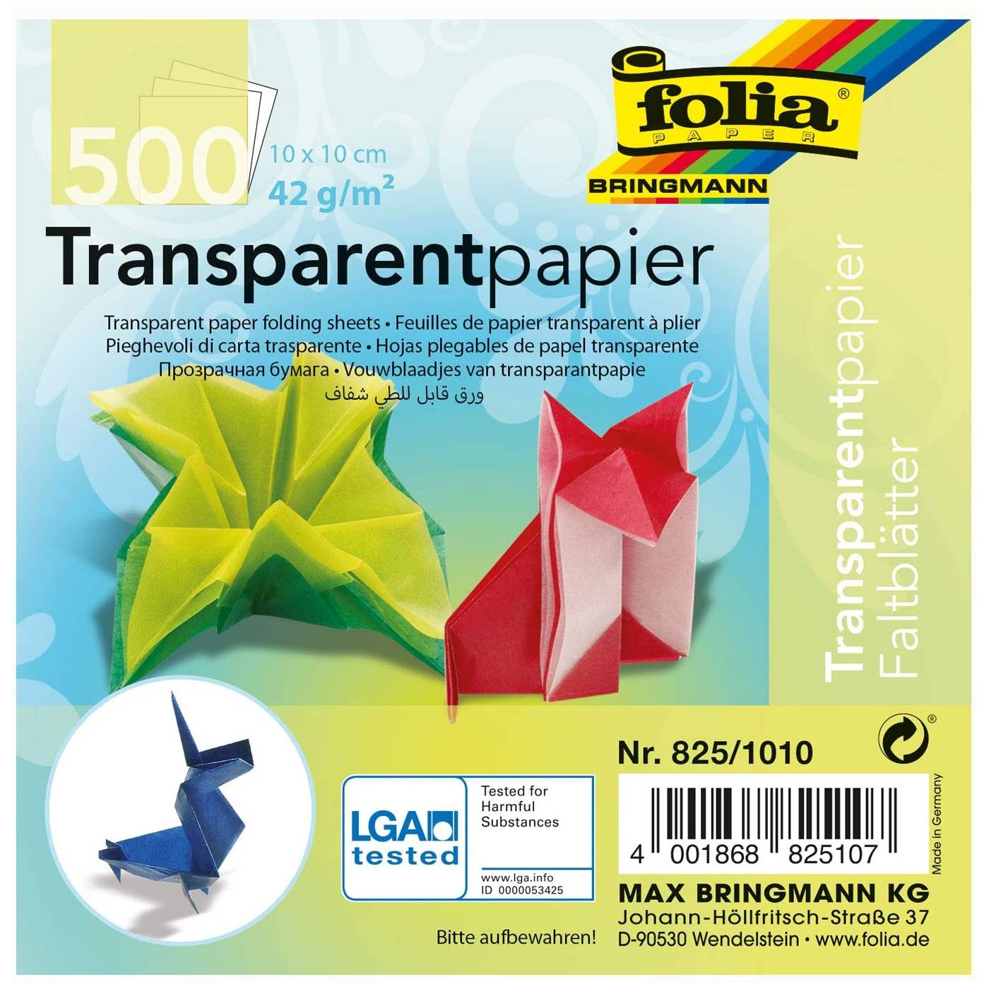 folia 825/1010 Transparentpapier Faltblätter 42g/m², 10 x 10 cm, 10 Farben, mehrfarbig (500 Blatt)