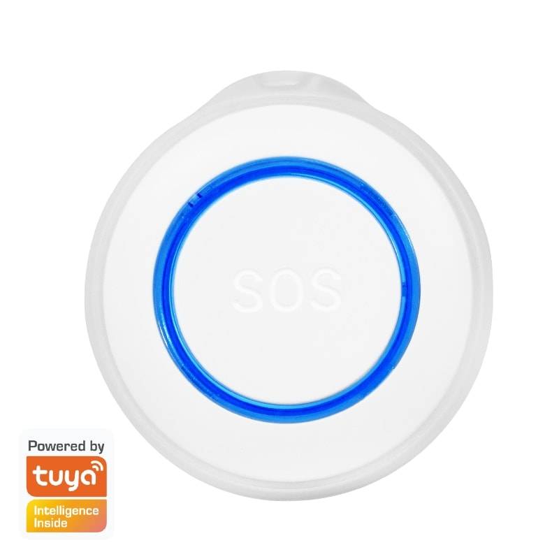 Ein rundes SOS-Taste mit einem blauen Ring, beschriftet mit ‚Powered by tuya Intelligence Inside', entwickelt für Notfallalarme und Hilfestellung.