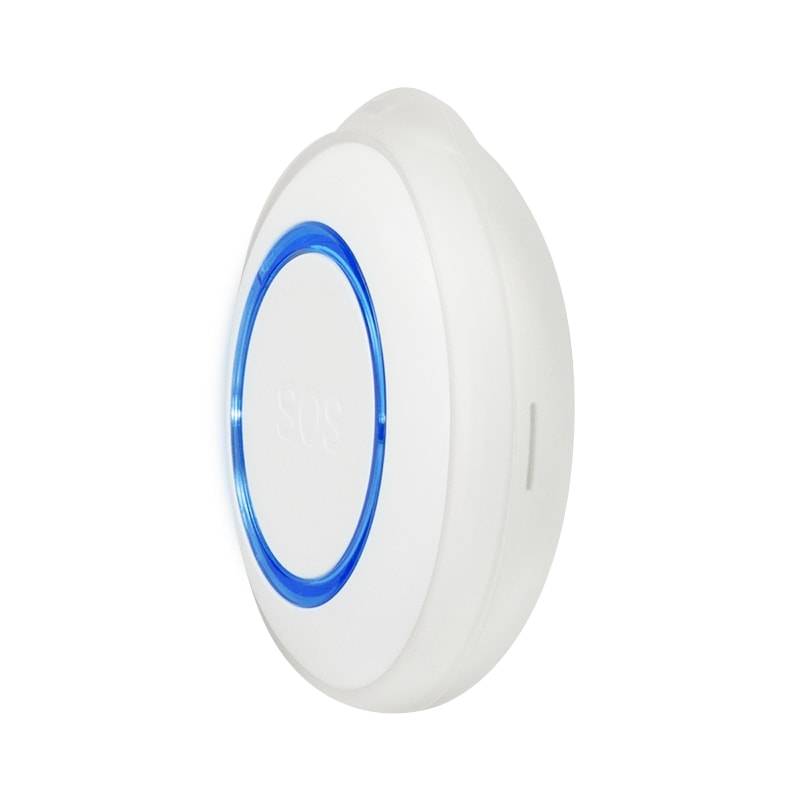 Ein weißer, ovaler SOS-Knopf mit einem blauen Ring, der zur Aktivierung eines Notfallalarms entwickelt wurde.