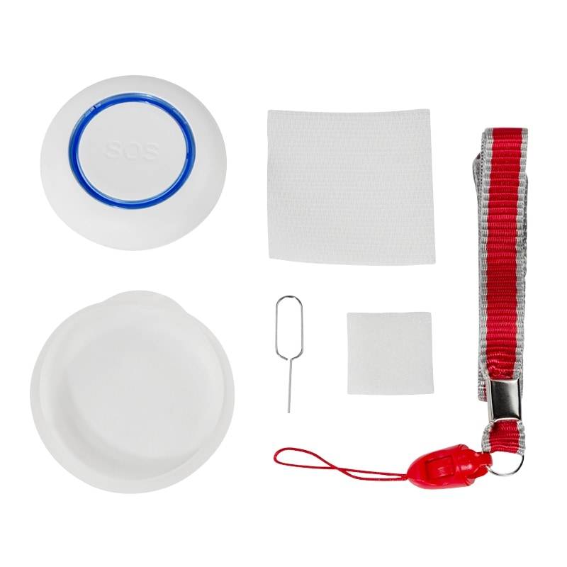 SOS Notfall-Knopf-Set mit Aktivierungswerkzeugen, einer roten Umhängeband und kleinen Reinigungstüchern.