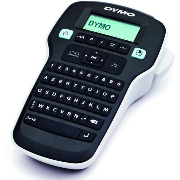 Tragbarer DYMO-Etikettendrucker mit kleinem Display, auf dem 