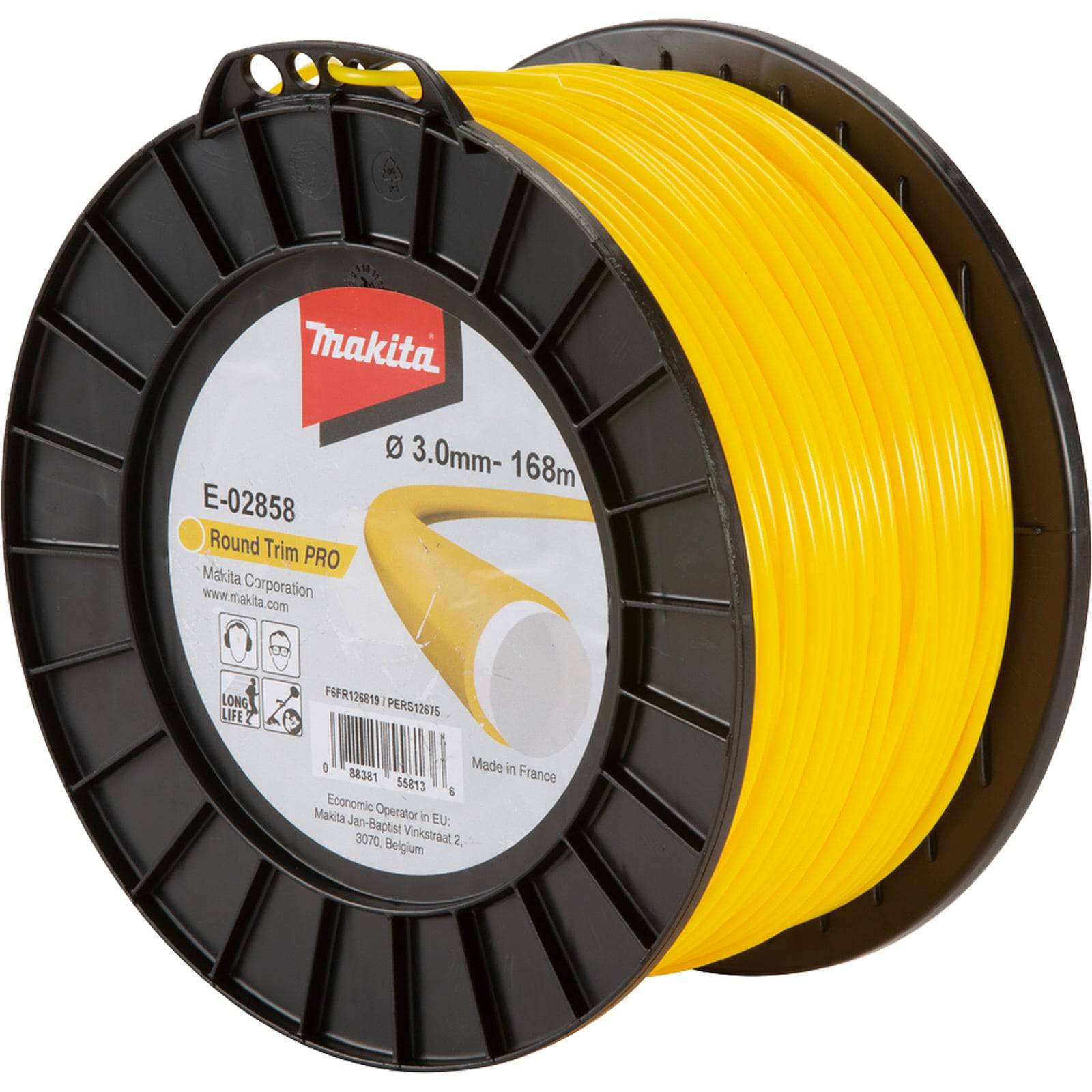 Eine Spule gelber 'Makita Round Trim Pro' Trimmerschnur, 3,0 mm x 168 m, mit einem schwarzen Kunststoffhalter, auf der Marke und Spezifikationen etikettiert sind.