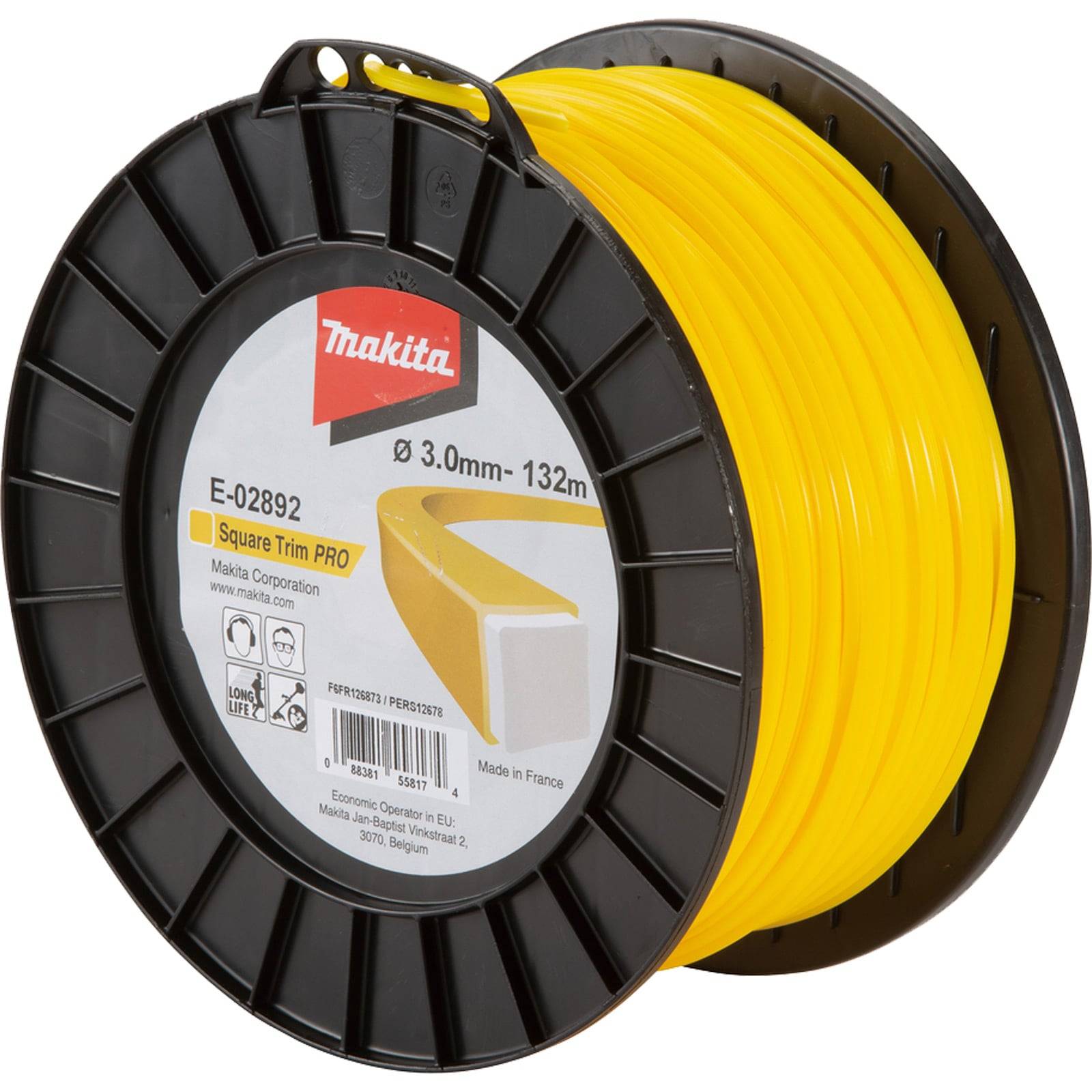Eine Rolle gelben Plastik-Trimmens mit der Aufschrift 'Square Trim PRO, Ø 3,0 mm - 132 m'.