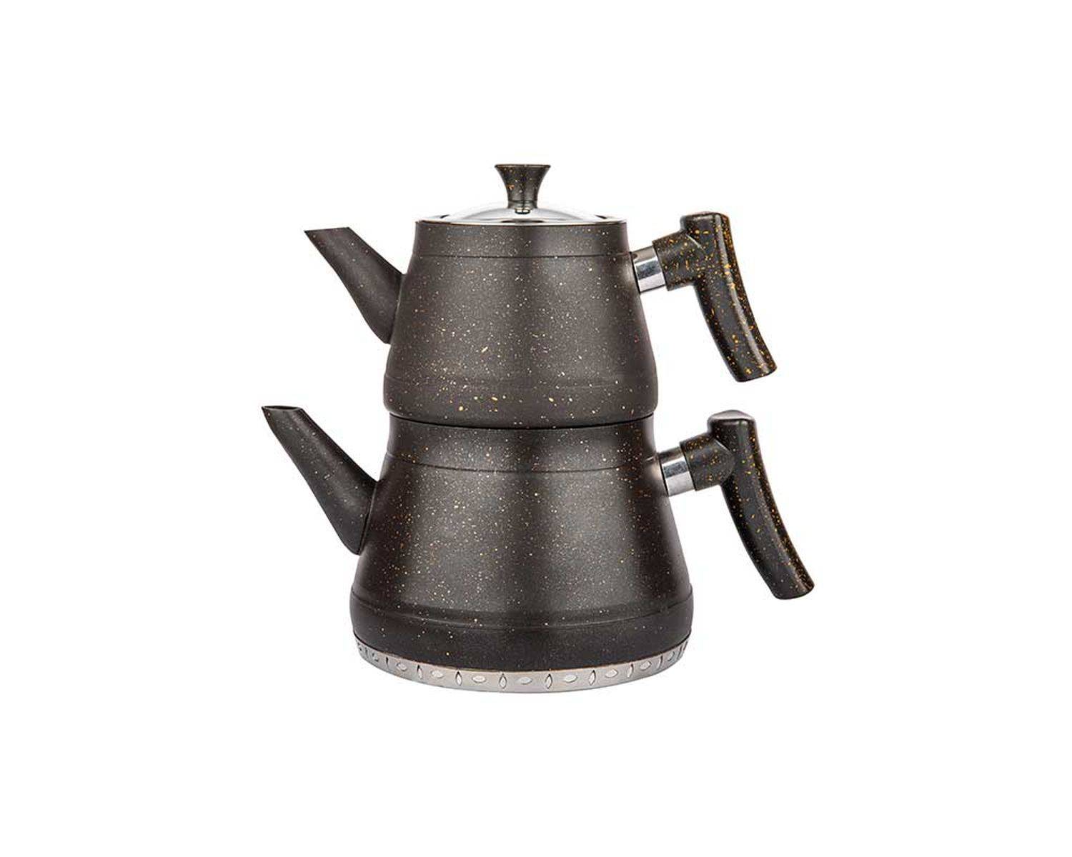 Teekanne Caydanlik Teekessel und Wasserkessel Außenbeschichtung in Granitoptik Schwarz mit Kunstoffgriff