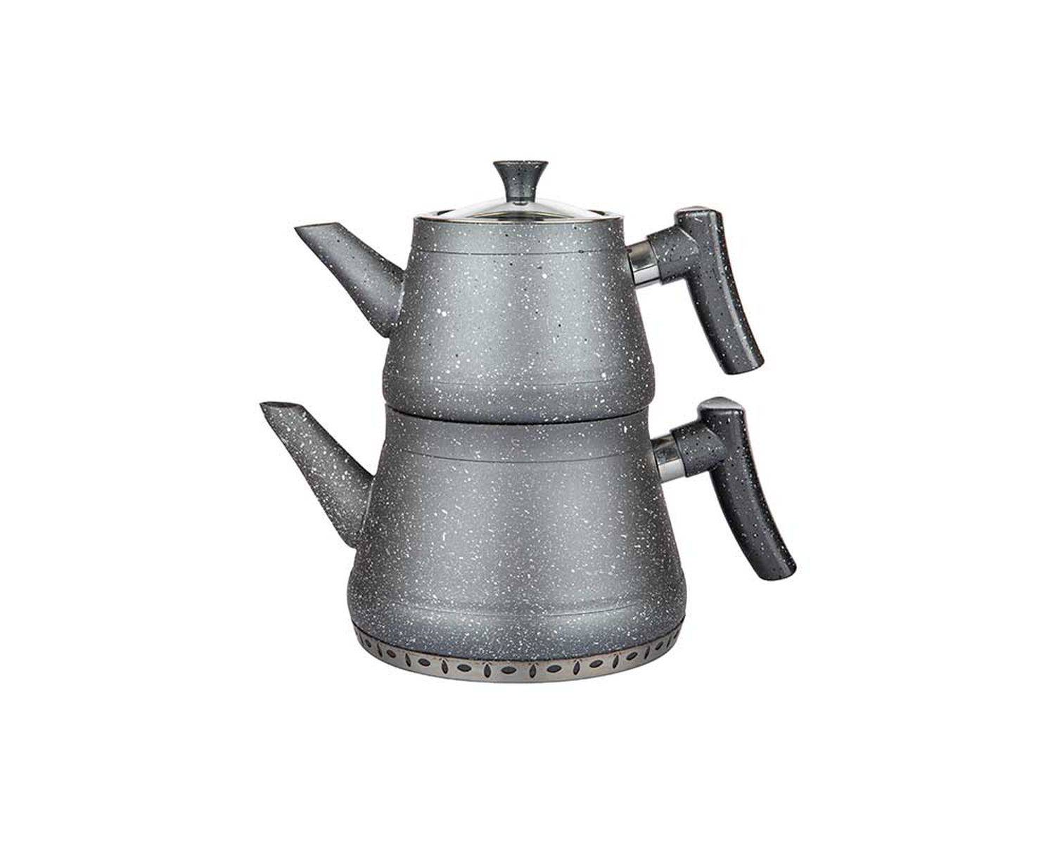 Teekanne Caydanlik Teekessel und Wasserkessel Außenbeschichtung in Granitoptik Silber mit Kunststoffgriff
