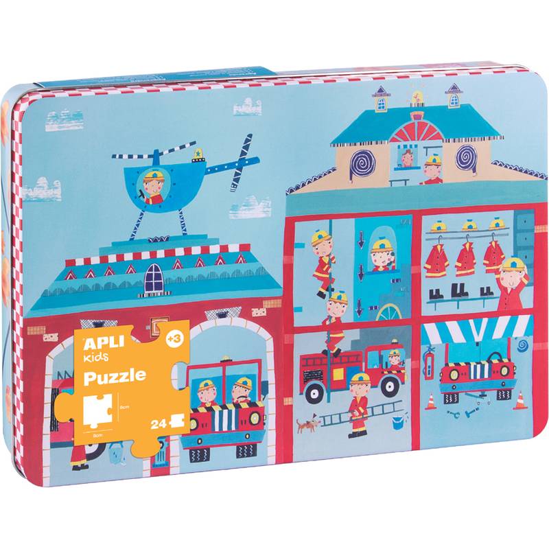Kinderpuzzle-Box mit einer Feuerwehrstation, die bunte Illustrationen von Feuerwehrleuten, Feuerwehrautos und einem Hubschrauber zeigt. Geeignet für Kinder ab 3 Jahren.