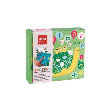 Eine Schachtel mit 'APLI kids' Garten-Stickern, die Blumen, Blätter, Musiknoten und eine Schneckenillustration auf der Verpackung zeigt.