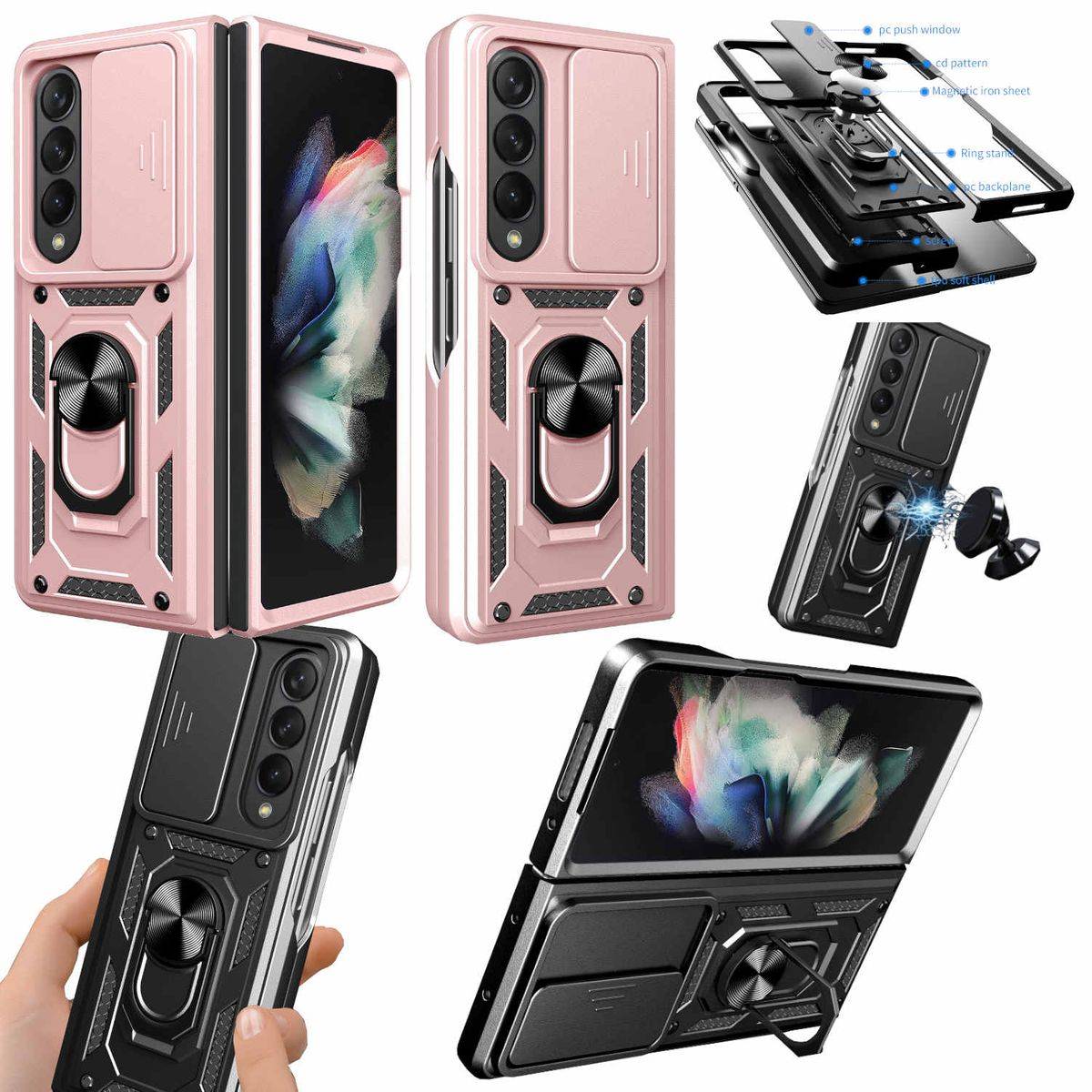 Für Samsung Galaxy Z Fold4 5G Design Armor Magnet Ring Cover mit Kamera-Schutz Handy Tasche Etuis Rose Gold