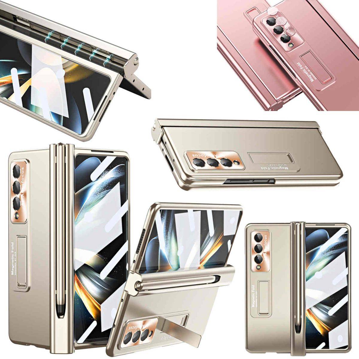 Für Samsung Galaxy Z Fold4 5G Magnetische Metall / Kunststoff / Glas Handy Tasche Hülle Etuis Gold + Stift