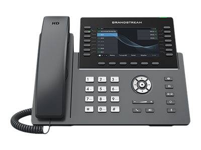 Dunkelgraues Grandstream HD Tischtelefon mit Handset, Tastatur, Display und Navigationstasten auf weißem Hintergrund.
