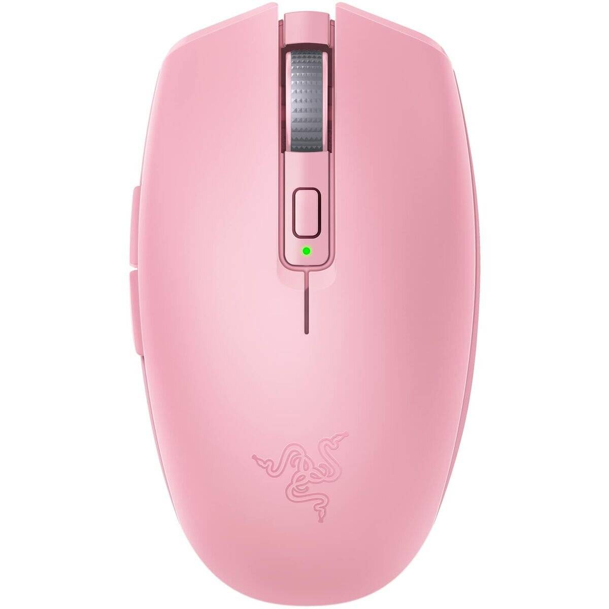 Rosa kabellose Computermaus mit Scrollrad, mittlerer Taste und grüner Anzeigeleuchte auf einfachem weißem Hintergrund.