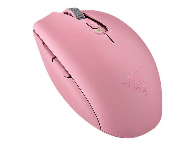 Rosa kabellose Computermaus mit Scrollrad und Seitentasten auf weißem Hintergrund