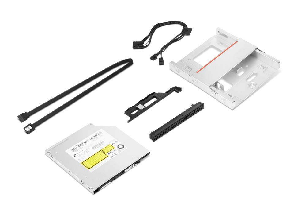 Computer-Laufwerk-Installationsset mit optischem Laufwerk, Befestigungshalterung, SATA-Kabel, Stromadapter und Schrauben auf weißem Hintergrund