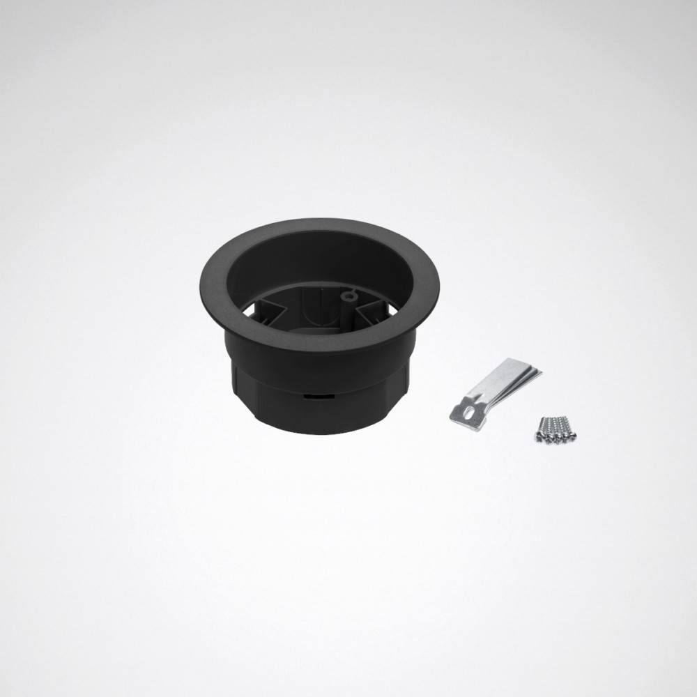 Eine runde, schwarze Kunststoff-Kabeldurchführung mit einem Metallclip und mehreren Schrauben daneben, die wahrscheinlich zur Kabelverwaltung in Möbeln oder an Schreibtischen vorgesehen ist.
