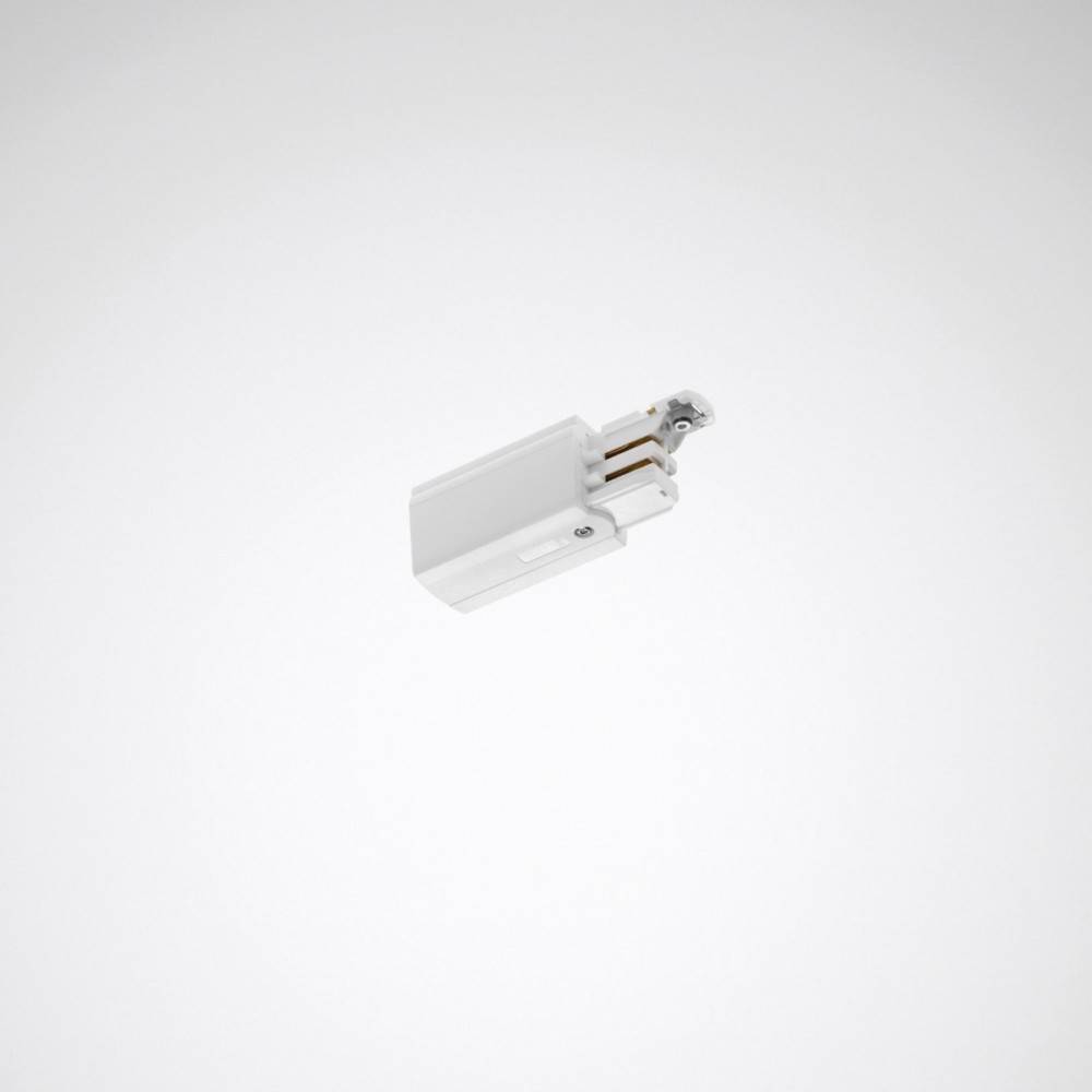 Ein kleiner weißer elektrischer Stecker auf einem einfarbig weißen Hintergrund, der Metallstifte zur Verbindung zeigt.