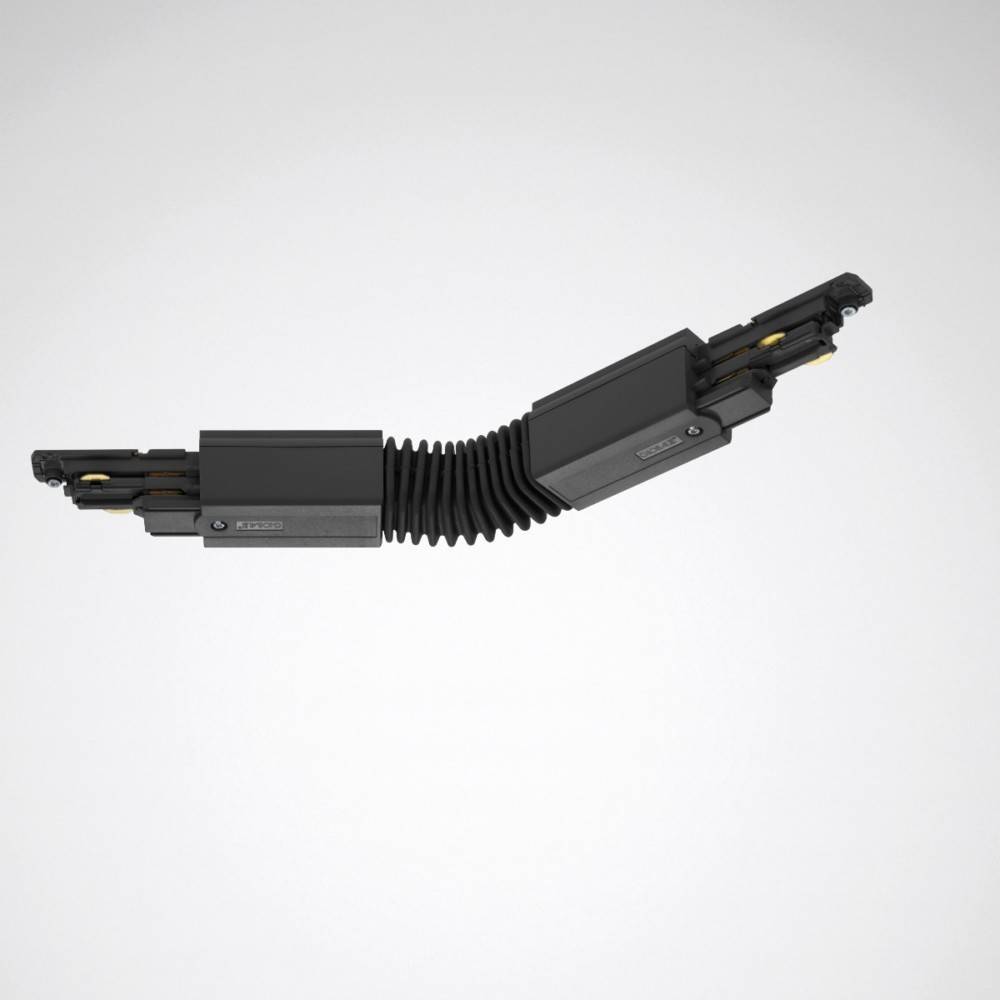 Schwarze, flexible mechanische Komponente mit akkordeonartiger Mittensektion, wahrscheinlich Teil einer größeren Baugruppe oder modularen Struktur.