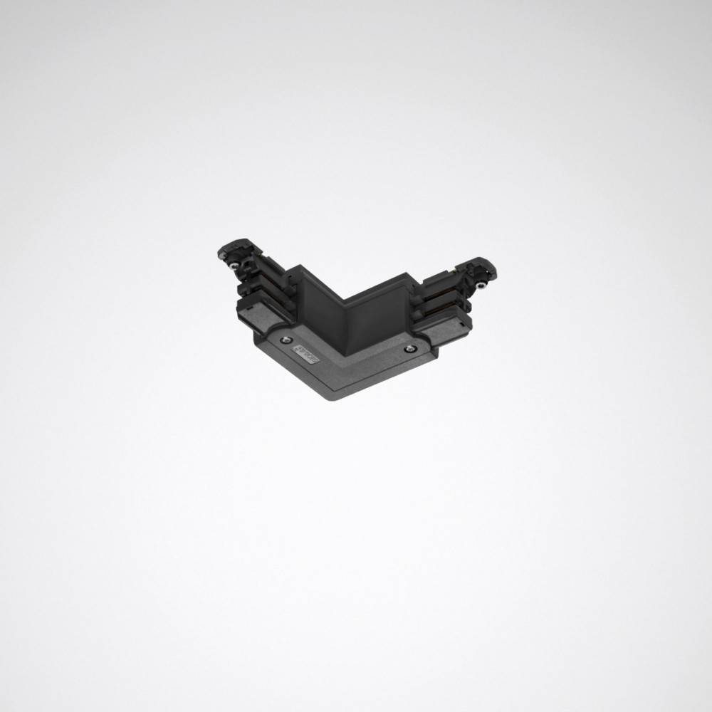 Ein schwarzes Verbindungsstück für Ecken auf einem einfarbigen grauen Hintergrund, das zum Verbinden von Abschnitten eines modularen Systems oder einer Struktur entwickelt wurde.