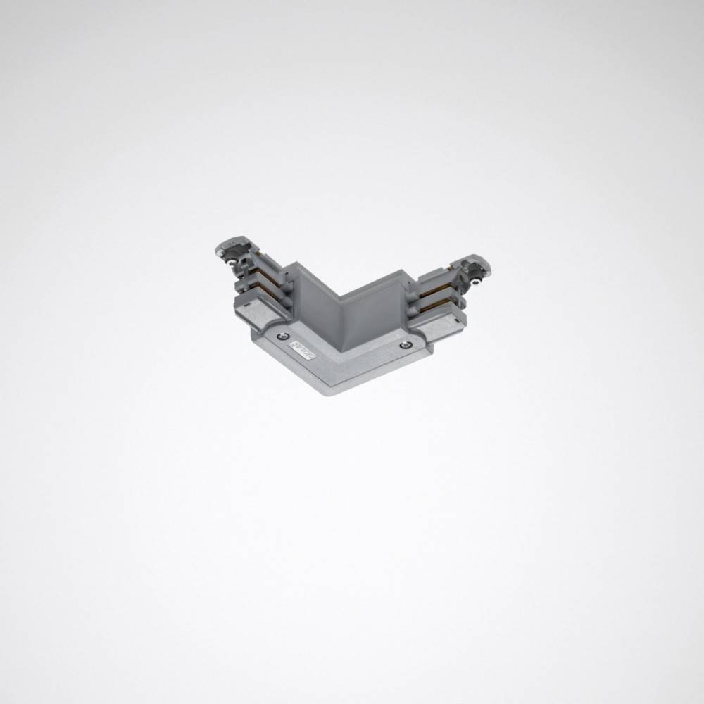 Eine graue industrielle Eckhalterung mit Befestigungslöchern, die zum Verbinden von Strukturaluminiumsprofilen in einem rechten Winkel konzipiert ist.