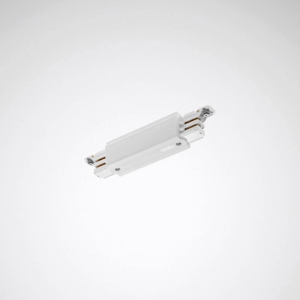 Ein weißer elektrischer Schienenstecker vor einem einfarbigen grauen Hintergrund.