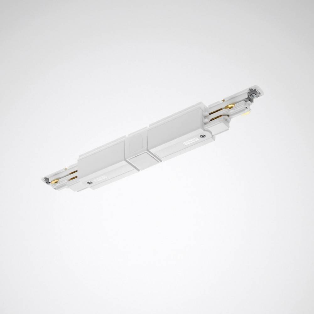 Ein weißer Schienenlichtverbinder mit elektrischen Kontaktpunkten, der verwendet wird, um Beleuchtungskörper in einem Schienensystem zu verbinden.