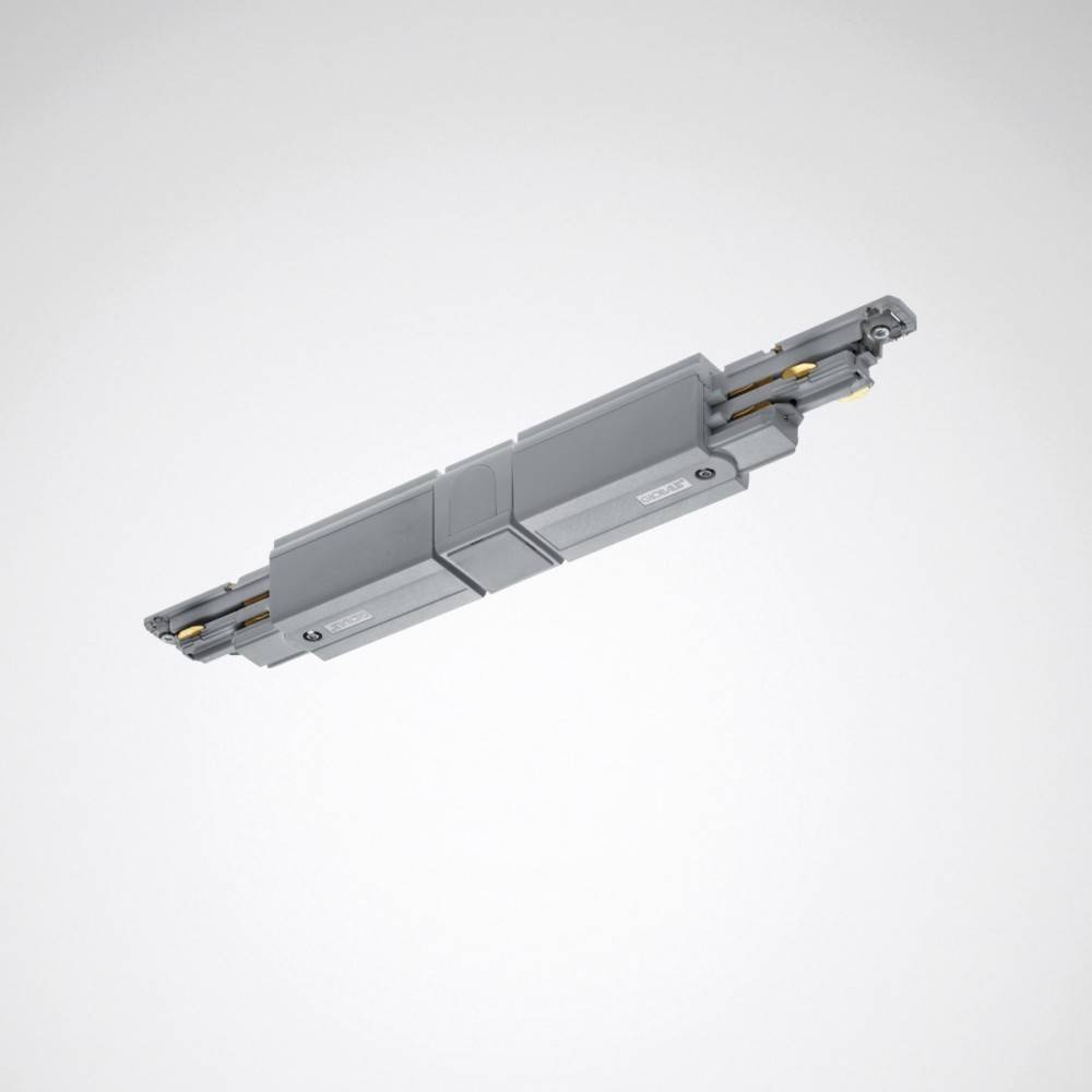 Ein grauer Schienenlichtverbinder mit zwei Enden und einer zentralen Verbindungsstelle, geeignet für Deckenbeleuchtungs-Schienensysteme, vor einem einfarbigen Hintergrund.