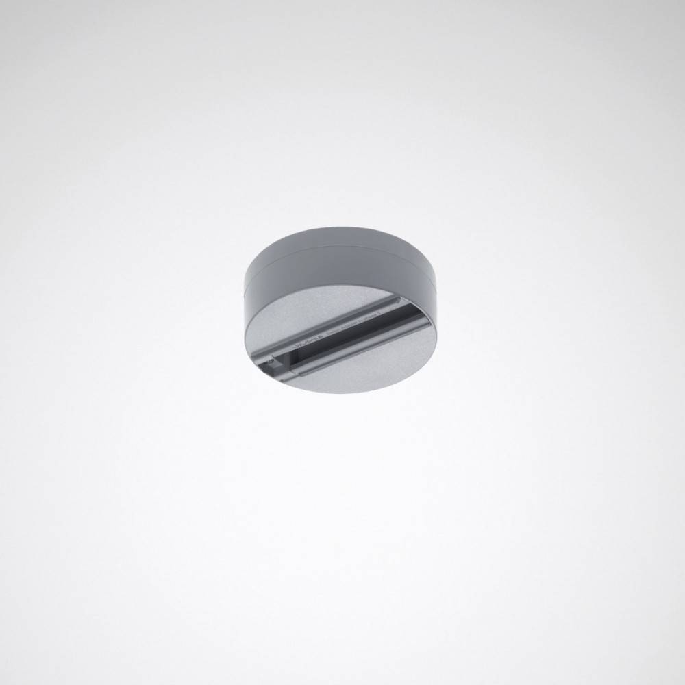 Eine runde, deckenmontierten LED-Leuchte mit elegantem, modernem Design, die einen grauen Metallfinish und einen zentralen Lichtstreifen aufweist.