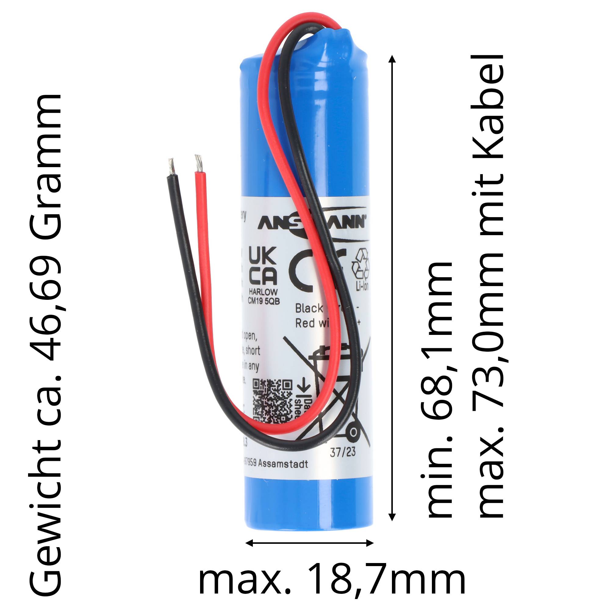 Akkupack Li-ion 3,7V 2600mAh 1S1P mit 10cm Kabel, 1INR19 / 66-1, 2347-3008-06