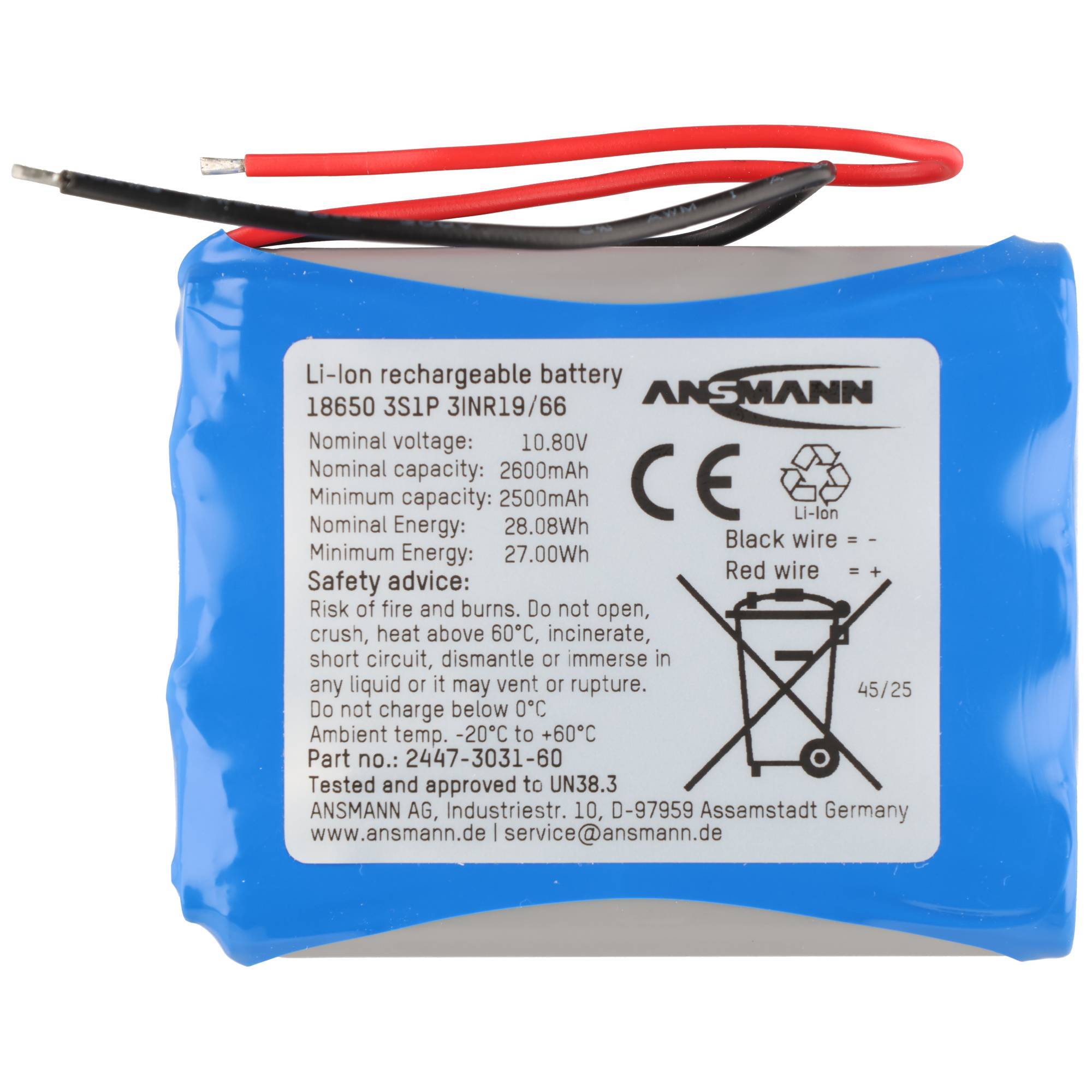 Blaues ANSMANN Li-Ionen-Akku-Pack mit roten und schwarzen Drähten, gekennzeichnet mit 10,80V, 2600mAh und Sicherheitswarnungen.