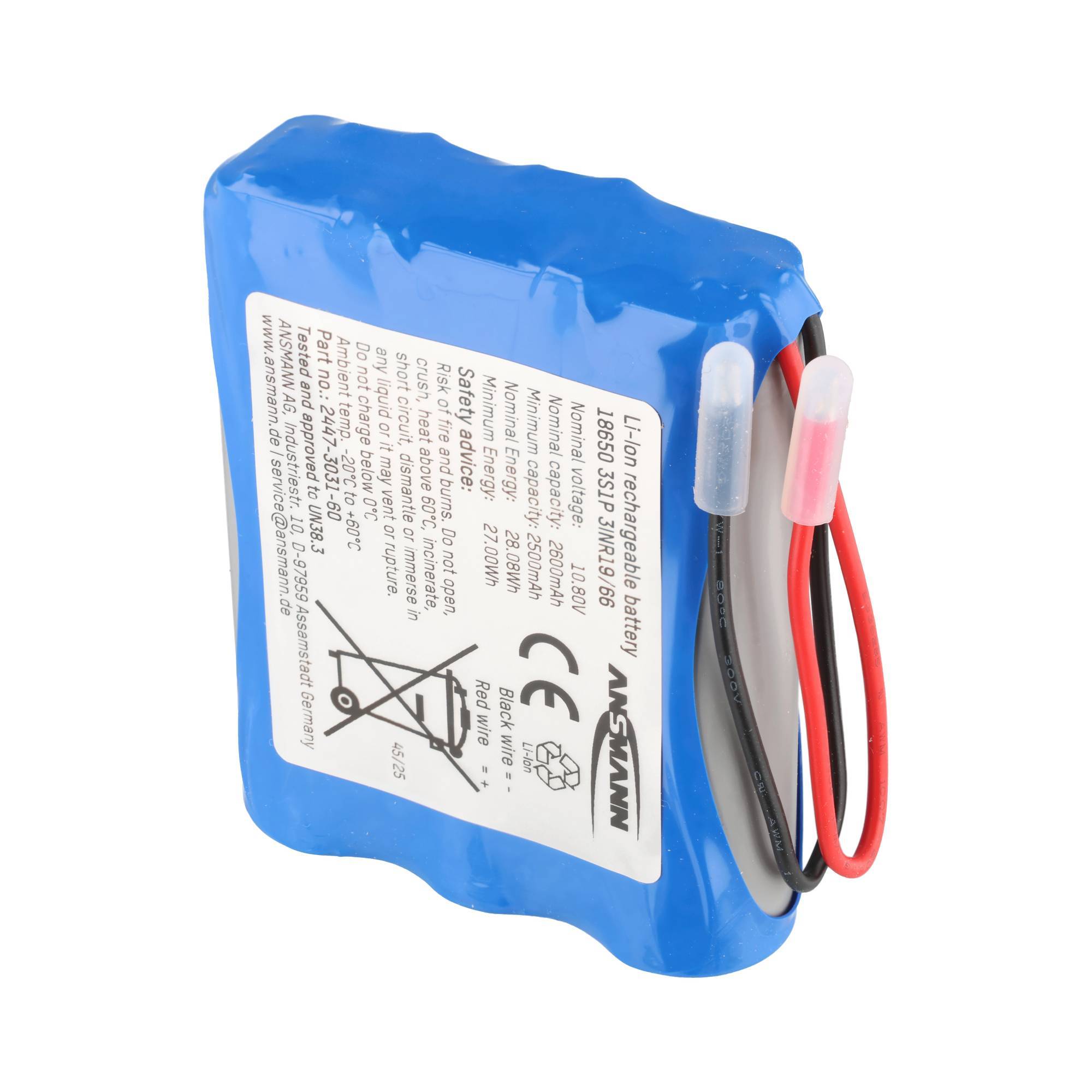 Blau schrumpffolieverpackte wiederaufladbare Lithium-Ionen-Batterie mit angebrachten roten und schwarzen Kabeln und Etikett.