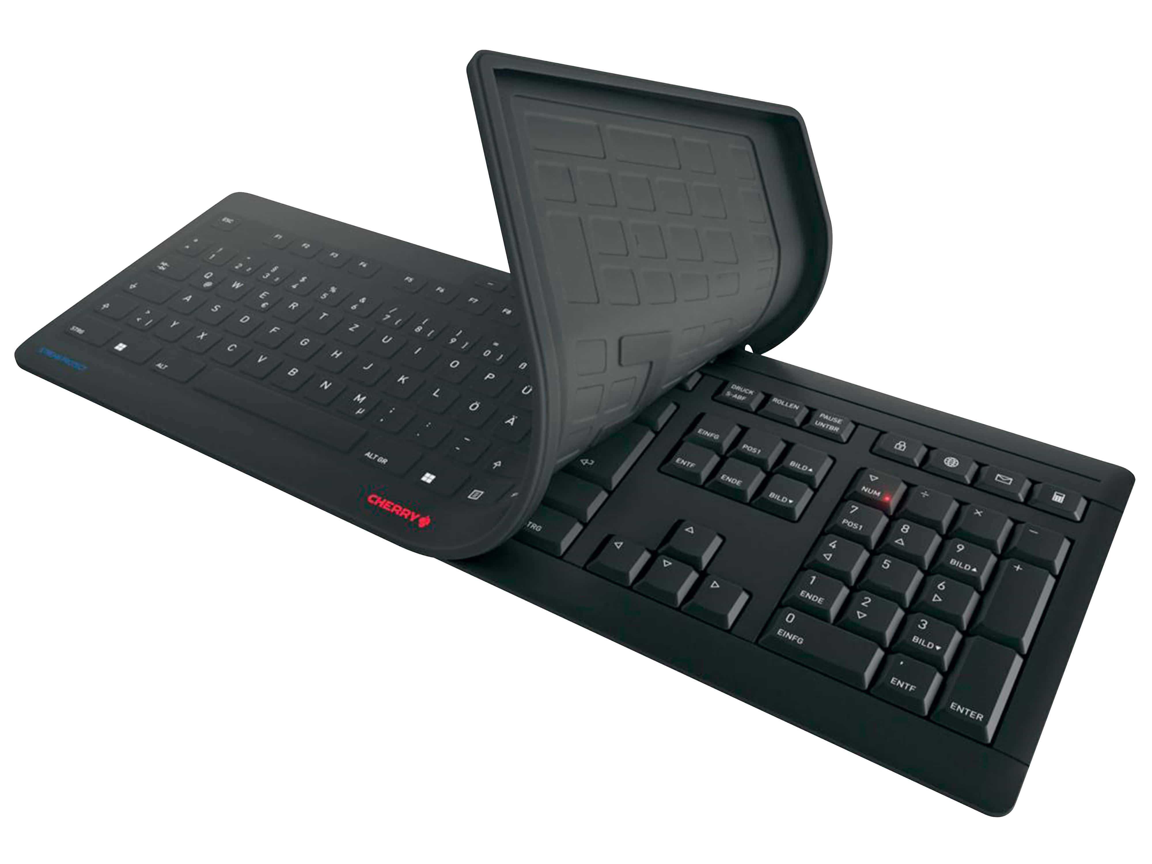 Schwarze flexible Rollup-Tastatur teilweise aufgerollt, zeigt kompakte Tasten auf weißem Hintergrund.